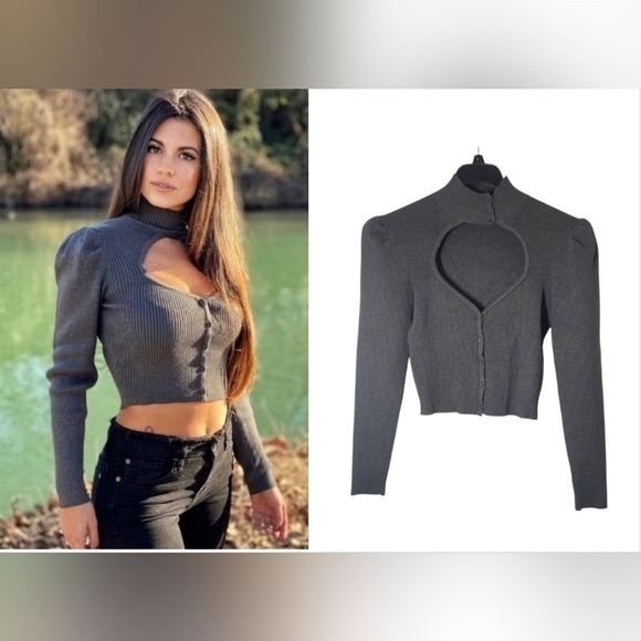 Zara Ribbed Cut Out Cropped Long Sleeve Sweater Gray Size Large - Picture 1 of 14